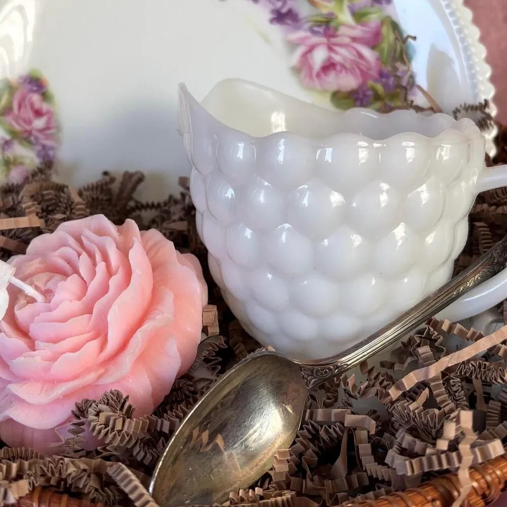 Vintage Milk Glass Creamer Gift Basket – Floral Plate, Pink Rose Candle, Cottage